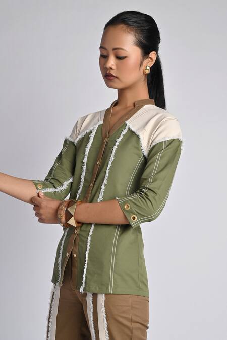 Buy_Veera Wear_Olive Green Cotton, Denim V-neck Urban Terrain Shirt _Online_at_Aza_Fashions