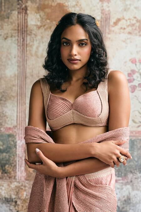 Buy_SAANJH BY LEA_Mauve Silk Zari, Embroidery Sia Banarasi Pre-draped Saree And Blouse Set _Online_at_Aza_Fashions