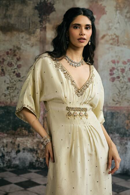 Buy_SAANJH BY LEA_Ivory Silk Embroidery, Zari, Beads, Sequins, Tassels V-neck Sitara Hand Kaftan _Online_at_Aza_Fashions