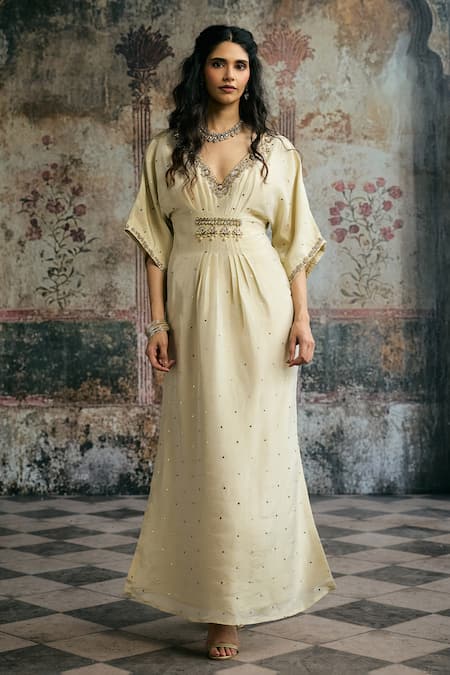 Shop_SAANJH BY LEA_Ivory Silk Embroidery, Zari, Beads, Sequins, Tassels V-neck Sitara Hand Kaftan _Online_at_Aza_Fashions