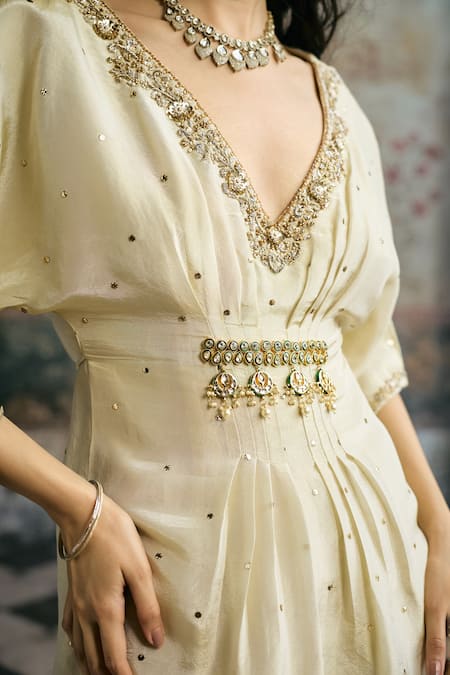 SAANJH BY LEA_Ivory Silk Embroidery, Zari, Beads, Sequins, Tassels V-neck Sitara Hand Kaftan _at_Aza_Fashions