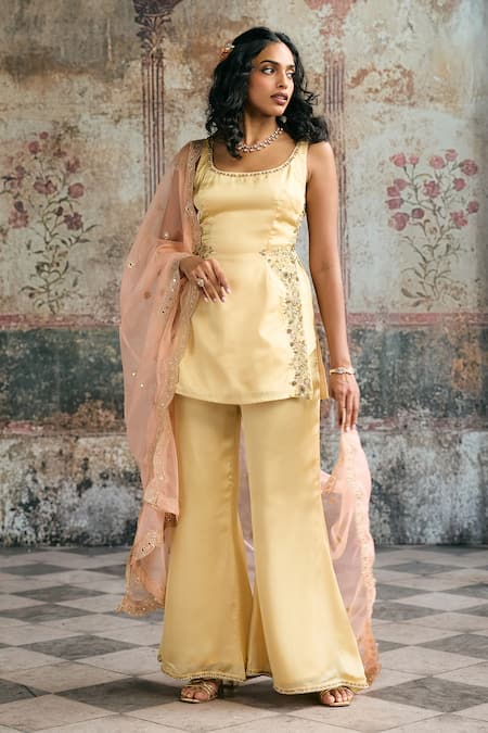Buy_SAANJH BY LEA_Yellow Silk, Organza Beads, Sequins, Embroidery, Farya Butter Hand Sharara Set _Online_at_Aza_Fashions