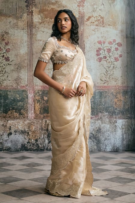 Buy_SAANJH BY LEA_Beige Organza Sequins, Zari, Aarzoo Pre-draped Scalloped Saree And Blouse Set _Online_at_Aza_Fashions