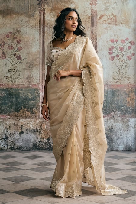 Shop_SAANJH BY LEA_Beige Organza Sequins, Zari, Aarzoo Pre-draped Scalloped Saree And Blouse Set _Online_at_Aza_Fashions
