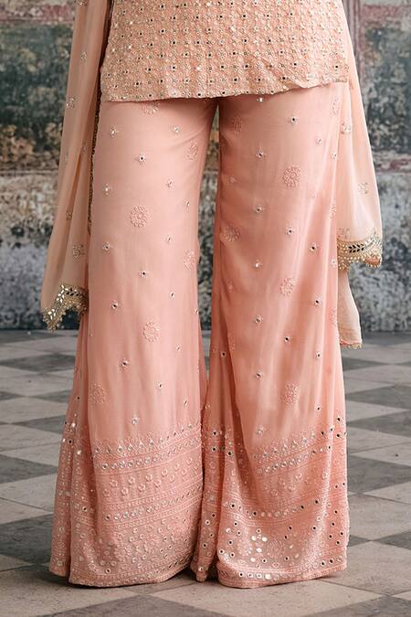 SAANJH BY LEA_Peach Georgette, Organza Mirrors, Sequins, Embroidery Aneesa Sharara Set _Online_at_Aza_Fashions