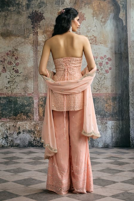 SAANJH BY LEA Aneesa Peach Mirror Embroidered Sharara Set 