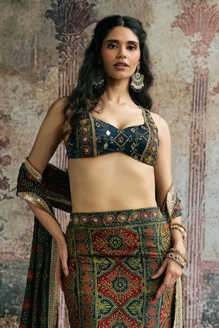 SAANJH BY LEA_Navy Modal, Satin Mirrors, Embroidery, Zari Kavya Ajrakh Hand Skirt Set _Online_at_Aza_Fashions
