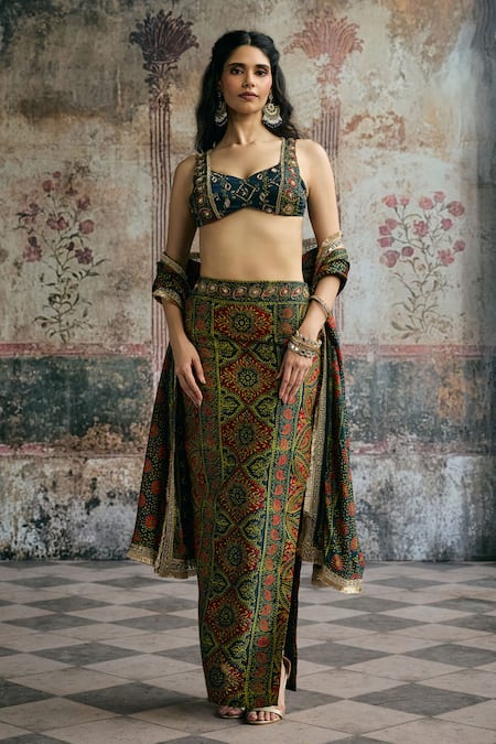 Buy_SAANJH BY LEA_Navy Modal, Satin Mirrors, Embroidery, Zari Kavya Ajrakh Hand Skirt Set _Online_at_Aza_Fashions