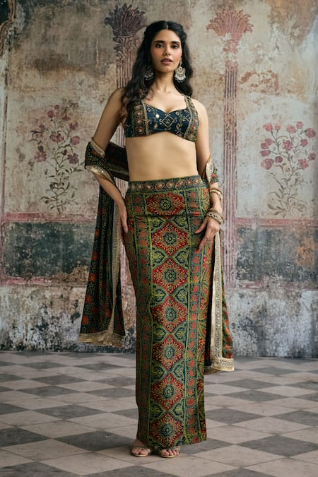 Shop_SAANJH BY LEA_Navy Modal, Satin Mirrors, Embroidery, Zari Kavya Ajrakh Hand Skirt Set _Online_at_Aza_Fashions
