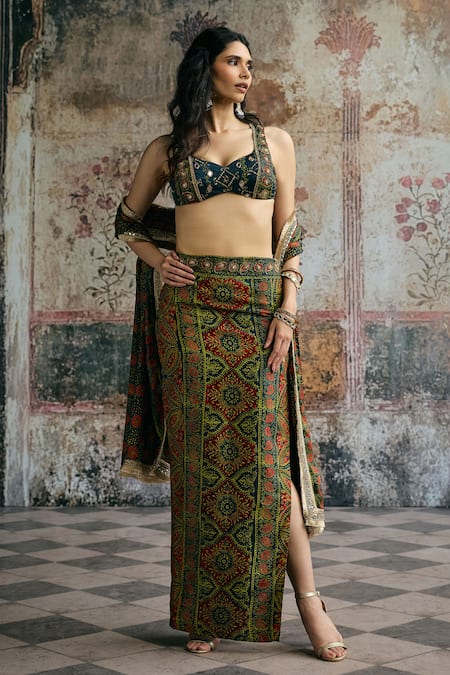 SAANJH BY LEA_Navy Modal, Satin Mirrors, Embroidery, Zari Kavya Ajrakh Hand Skirt Set _at_Aza_Fashions