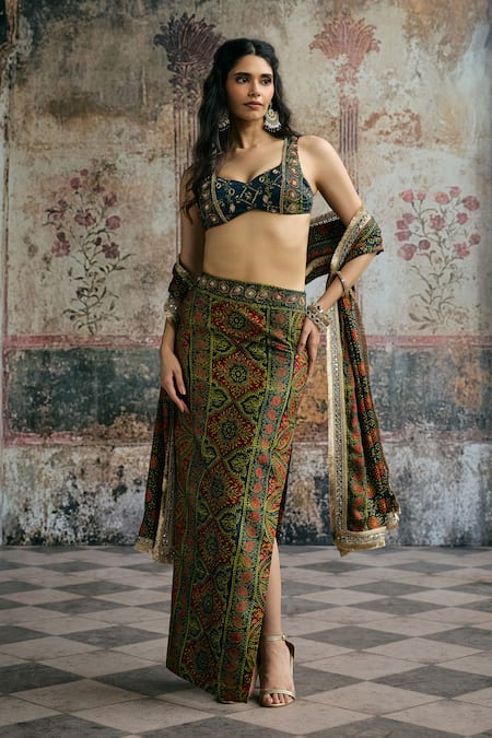 SAANJH BY LEA Kavya Ajrakh Hand Embroidered Skirt Set 