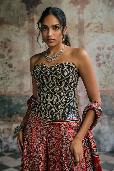 SAANJH BY LEA_Black Modal, Satin Embroidery Bandeau Neck Rhea Ajrakh Hand Corset Gharara Set _Online_at_Aza_Fashions