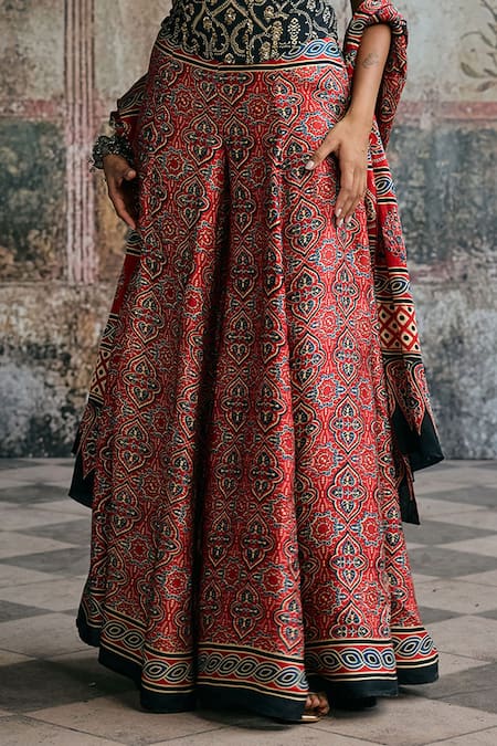 Shop_SAANJH BY LEA_Black Modal, Satin Embroidery Bandeau Neck Rhea Ajrakh Hand Corset Gharara Set _Online_at_Aza_Fashions