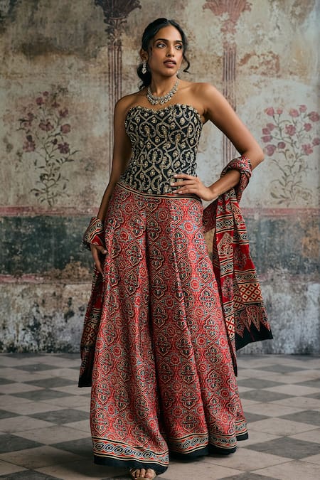 SAANJH BY LEA_Black Modal, Satin Embroidery Bandeau Neck Rhea Ajrakh Hand Corset Gharara Set _at_Aza_Fashions