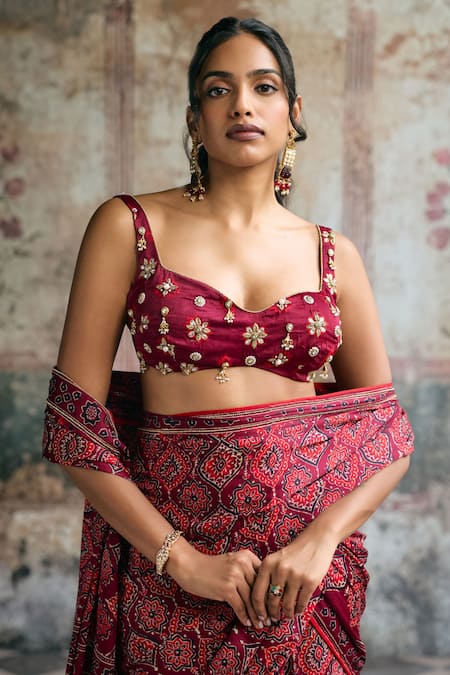 SAANJH BY LEA_Maroon Modal, Satin Embroidery, Beads Meira Ajrakh Print Pre-draped Saree Set _Online_at_Aza_Fashions