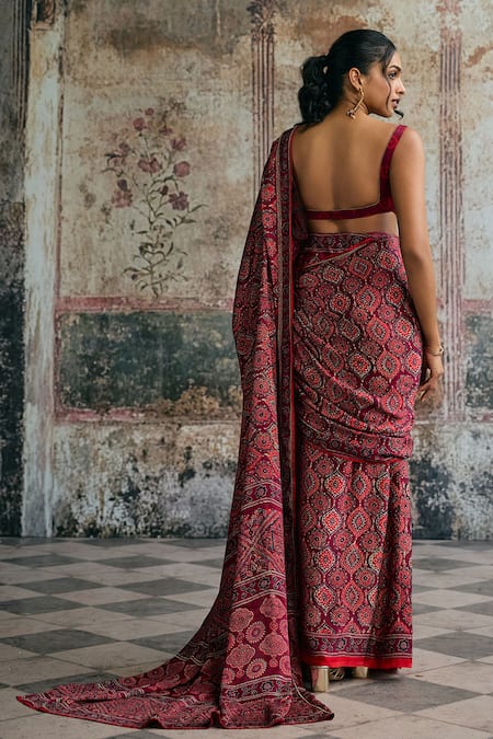 SAANJH BY LEA Meira Ajrakh Print Embroidered Pre-Draped Saree Set 