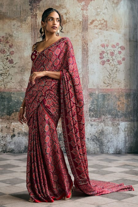 Buy_SAANJH BY LEA_Maroon Modal, Satin Embroidery, Beads Meira Ajrakh Print Pre-draped Saree Set _Online_at_Aza_Fashions