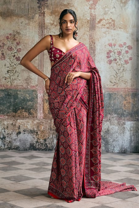 SAANJH BY LEA Meira Ajrakh Print Embroidered Pre-Draped Saree Set 
