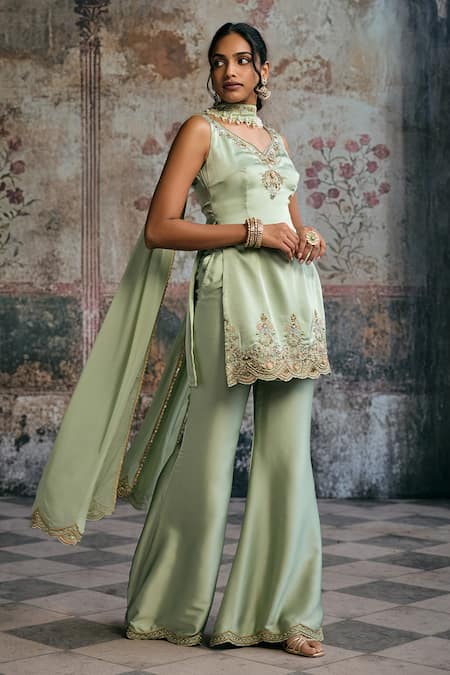 Buy_SAANJH BY LEA_Green Tissue, Silk, Chiffon Embroidery, Beads, Sameera Sage Hand Sharara Set _Online_at_Aza_Fashions