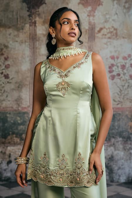 Shop_SAANJH BY LEA_Green Tissue, Silk, Chiffon Embroidery, Beads, Sameera Sage Hand Sharara Set _Online_at_Aza_Fashions