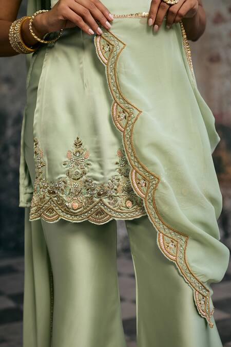 Buy_SAANJH BY LEA_Green Tissue, Silk, Chiffon Embroidery, Beads, Sameera Sage Hand Sharara Set 