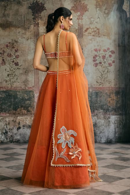 SAANJH BY LEA Sahana Orange Hand Embroidered Lehenga Set 
