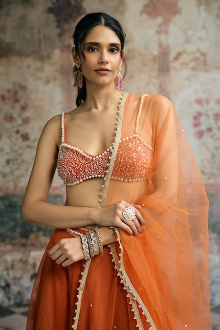SAANJH BY LEA_Orange Tulle Embroidery, Sequins, Zari, Pearls, Beads Sahana Hand Lehenga Set _Online_at_Aza_Fashions