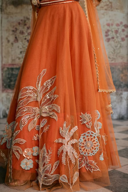 Buy_SAANJH BY LEA_Orange Tulle Embroidery, Sequins, Zari, Pearls, Beads Sahana Hand Lehenga Set _Online_at_Aza_Fashions