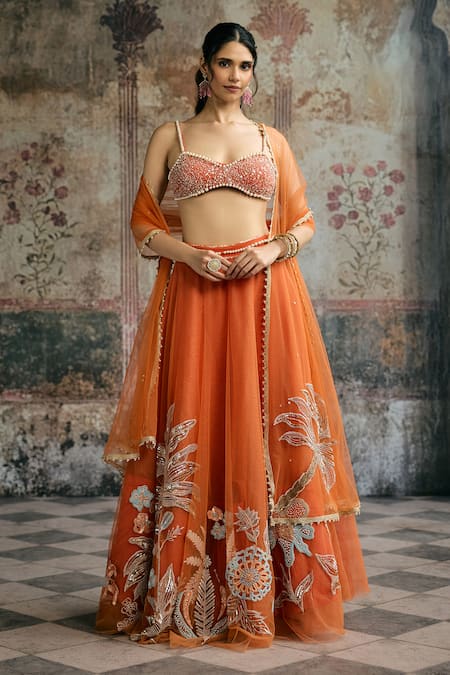 Shop_SAANJH BY LEA_Orange Tulle Embroidery, Sequins, Zari, Pearls, Beads Sahana Hand Lehenga Set _Online_at_Aza_Fashions