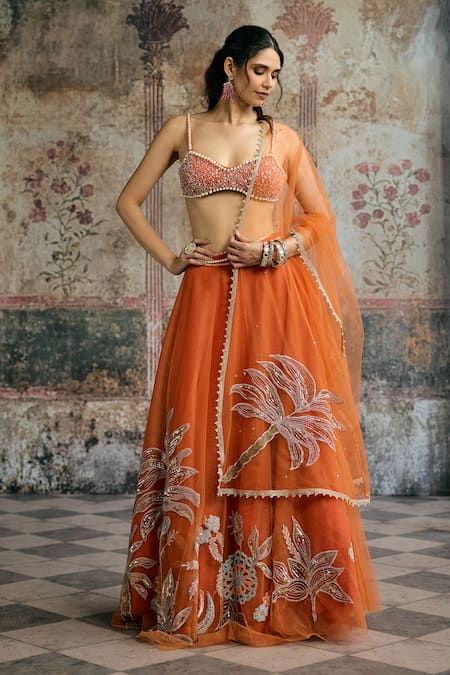 Shop_SAANJH BY LEA_Orange Tulle Embroidery, Sequins, Zari, Pearls, Beads Sahana Hand Lehenga Set 