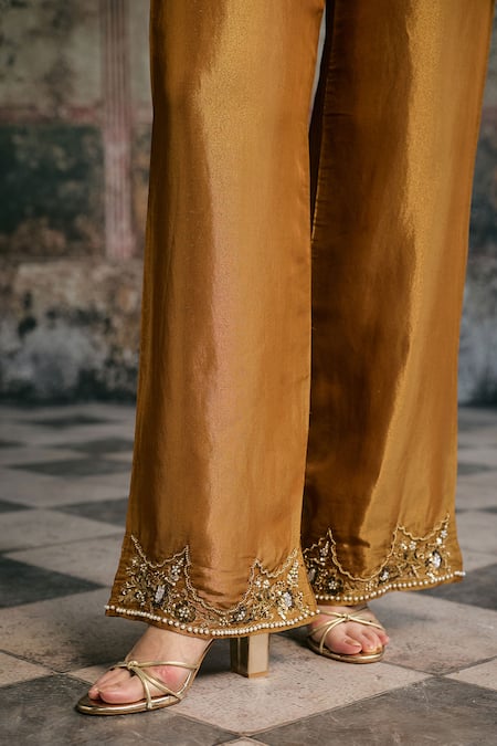 SAANJH BY LEA_Mustard Tissue, Silk Embroidery, Beads, Sequins, Zari V-neck Saima Kurta Set _Online_at_Aza_Fashions