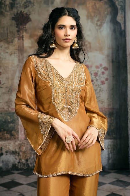 Shop_SAANJH BY LEA_Mustard Tissue, Silk Embroidery, Beads, Sequins, Zari V-neck Saima Kurta Set _Online_at_Aza_Fashions