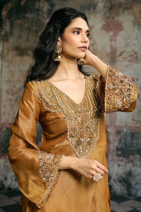 Shop_SAANJH BY LEA_Mustard Tissue, Silk Embroidery, Beads, Sequins, Zari V-neck Saima Kurta Set 