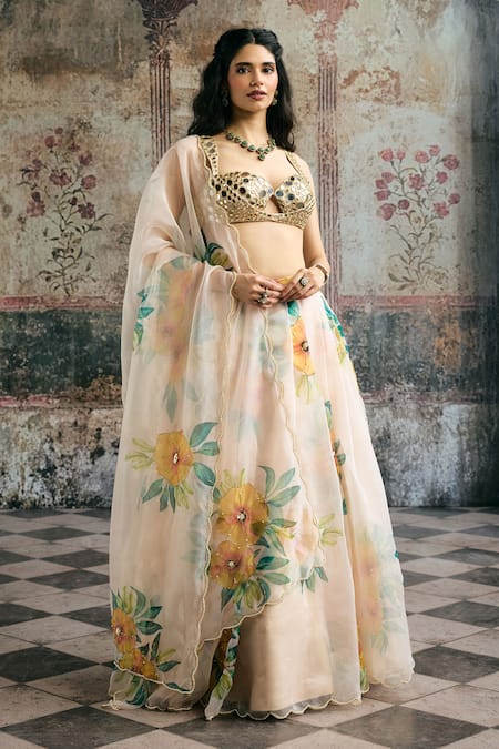 SAANJH BY LEA_Ivory Organza Beads, Mirrors, Embroidery, Aarvi Blouse And Floral Lehenga Set _Online_at_Aza_Fashions
