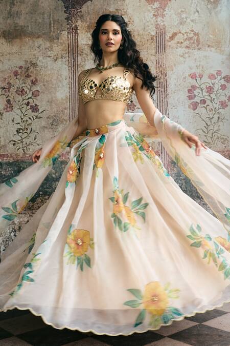 Buy_SAANJH BY LEA_Ivory Organza Beads, Mirrors, Embroidery, Aarvi Blouse And Floral Lehenga Set _Online_at_Aza_Fashions