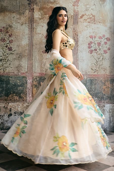 Shop_SAANJH BY LEA_Ivory Organza Beads, Mirrors, Embroidery, Aarvi Blouse And Floral Lehenga Set _Online_at_Aza_Fashions