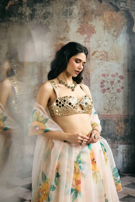 Buy_SAANJH BY LEA_Ivory Organza Beads, Mirrors, Embroidery, Aarvi Blouse And Floral Lehenga Set 