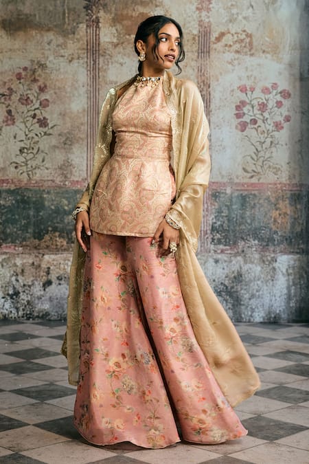SAANJH BY LEA_Peach Brocade Embroidery, Lace Halter Aleena Banarasi Kurta Floral Sharara Set _Online_at_Aza_Fashions
