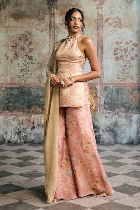 Shop_SAANJH BY LEA_Peach Brocade Embroidery, Lace Halter Aleena Banarasi Kurta Floral Sharara Set _Online_at_Aza_Fashions