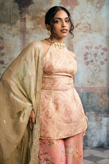 SAANJH BY LEA_Peach Brocade Embroidery, Lace Halter Aleena Banarasi Kurta Floral Sharara Set _at_Aza_Fashions