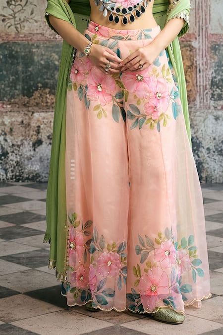 SAANJH BY LEA_Peach Organza Mirrors, Embroidery, Beads, Naira Hand Blouse Floral Sharara Set _Online_at_Aza_Fashions