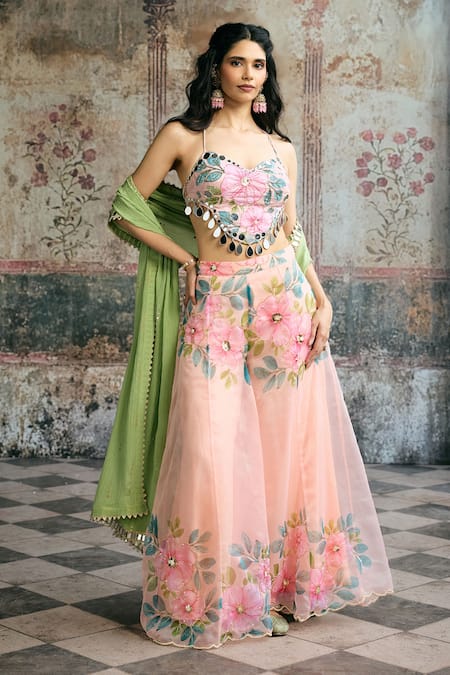 Buy_SAANJH BY LEA_Peach Organza Mirrors, Embroidery, Beads, Naira Hand Blouse Floral Sharara Set _Online_at_Aza_Fashions