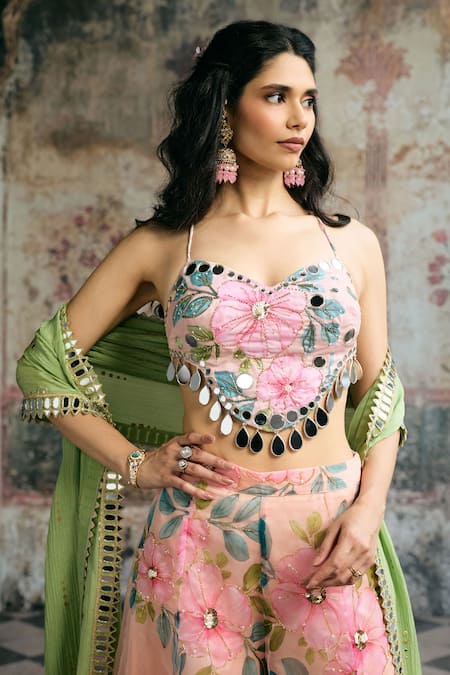 SAANJH BY LEA_Peach Organza Mirrors, Embroidery, Beads, Naira Hand Blouse Floral Sharara Set _at_Aza_Fashions