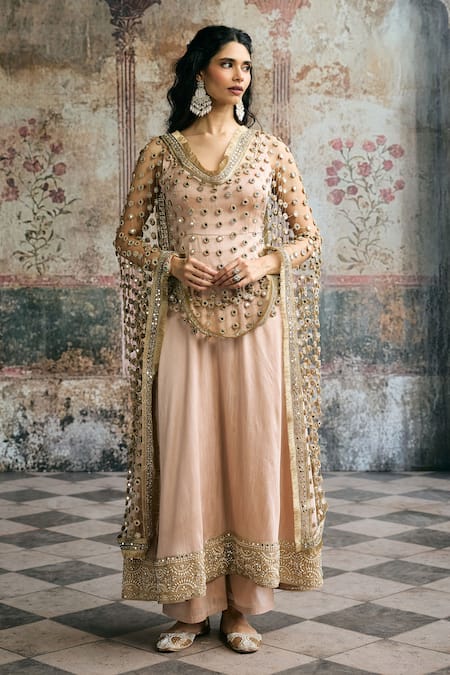 SAANJH BY LEA_Beige Silk, Net Embroidery, Mirrors, Zari, Ayinaat Raw Embellished Anarkali Set _Online_at_Aza_Fashions
