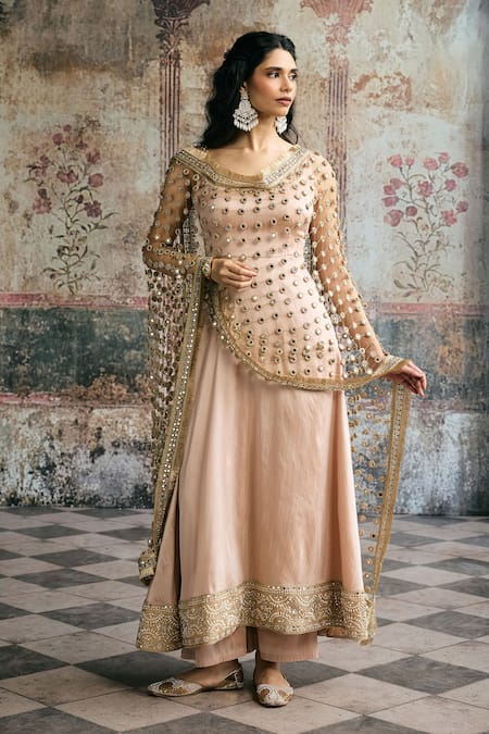 Buy_SAANJH BY LEA_Beige Silk, Net Embroidery, Mirrors, Zari, Ayinaat Raw Embellished Anarkali Set _Online_at_Aza_Fashions