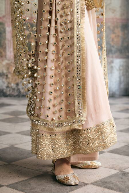 SAANJH BY LEA_Beige Silk, Net Embroidery, Mirrors, Zari, Ayinaat Raw Embellished Anarkali Set _at_Aza_Fashions