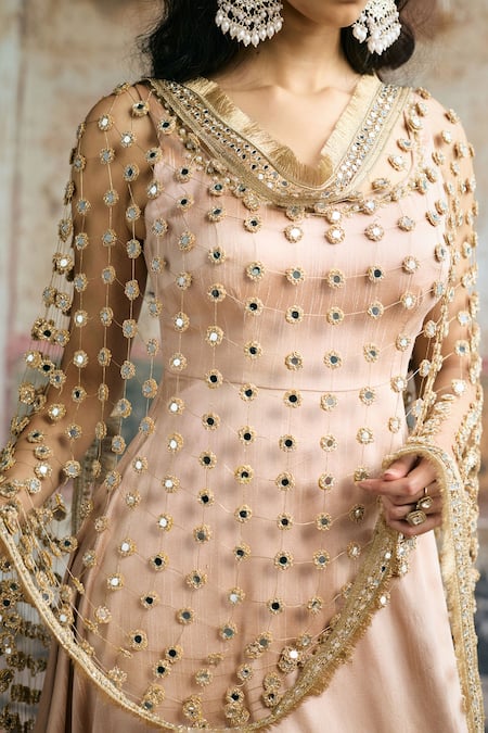 Buy_SAANJH BY LEA_Beige Silk, Net Embroidery, Mirrors, Zari, Ayinaat Raw Embellished Anarkali Set 