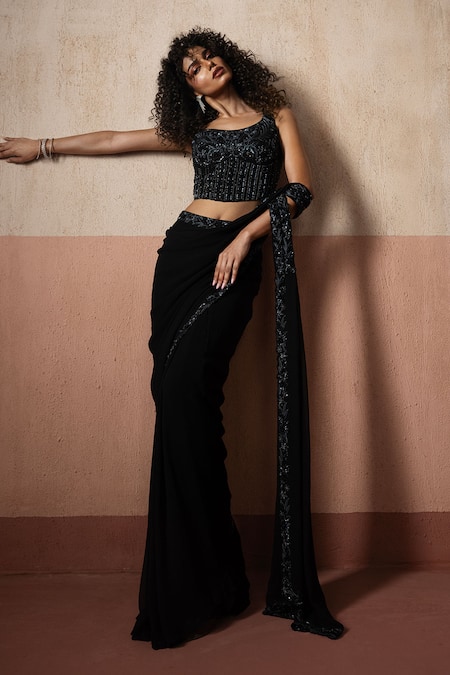 Buy_Quench A Thirst_Black Georgette Embroidery, Sequins, Pearls, Pre-draped Saree And Blouse Set _Online_at_Aza_Fashions