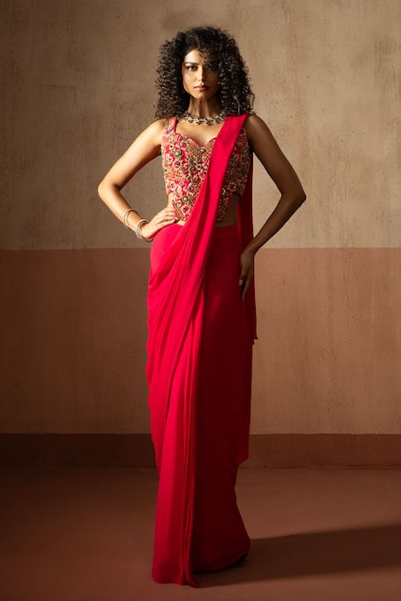 Quench A Thirst_Fuchsia Georgette Embroidery, Sequins, Corset Blouse And Pre-draped Saree Set _Online_at_Aza_Fashions