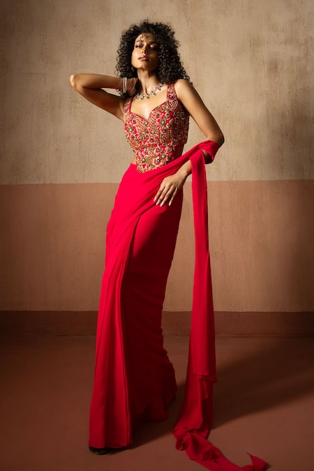 Quench A Thirst Embroidered Corset Blouse & Pre-Draped Saree Set 